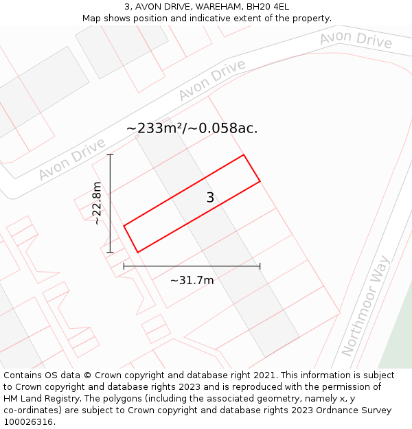 3, AVON DRIVE, WAREHAM, BH20 4EL: Plot and title map