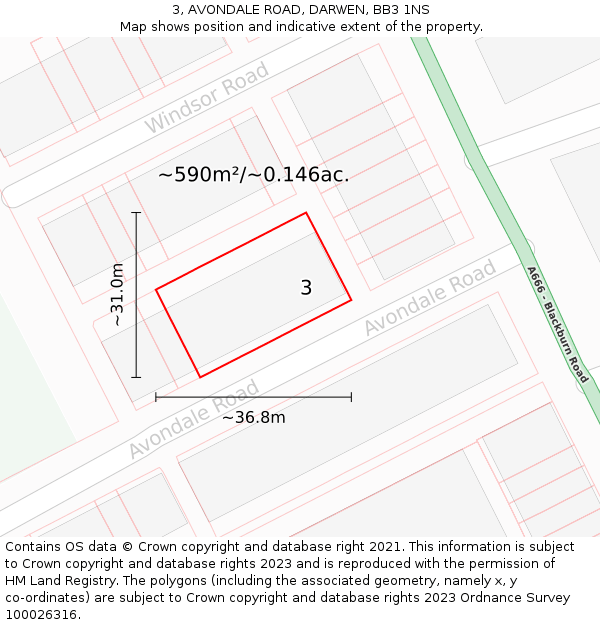 3, AVONDALE ROAD, DARWEN, BB3 1NS: Plot and title map