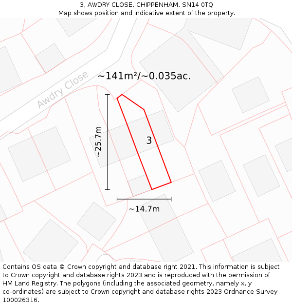 3, AWDRY CLOSE, CHIPPENHAM, SN14 0TQ: Plot and title map