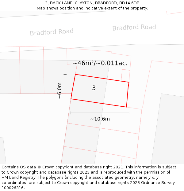 3, BACK LANE, CLAYTON, BRADFORD, BD14 6DB: Plot and title map