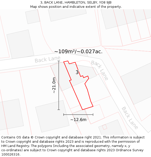3, BACK LANE, HAMBLETON, SELBY, YO8 9JB: Plot and title map