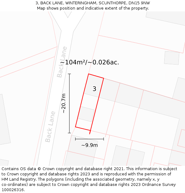 3, BACK LANE, WINTERINGHAM, SCUNTHORPE, DN15 9NW: Plot and title map