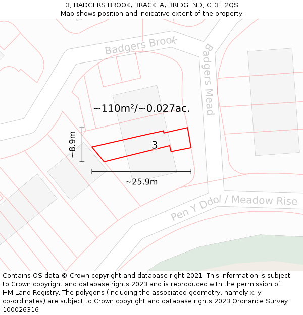 3, BADGERS BROOK, BRACKLA, BRIDGEND, CF31 2QS: Plot and title map