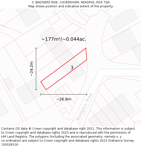 3, BADGERS RISE, CAVERSHAM, READING, RG4 7QA: Plot and title map