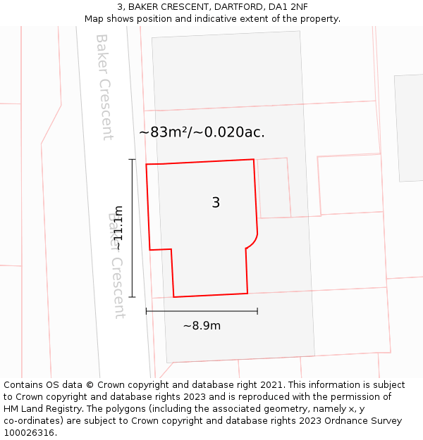 3, BAKER CRESCENT, DARTFORD, DA1 2NF: Plot and title map