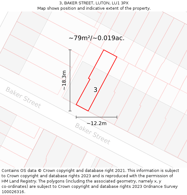3, BAKER STREET, LUTON, LU1 3PX: Plot and title map