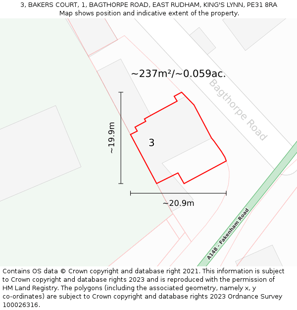 3, BAKERS COURT, 1, BAGTHORPE ROAD, EAST RUDHAM, KING'S LYNN, PE31 8RA: Plot and title map