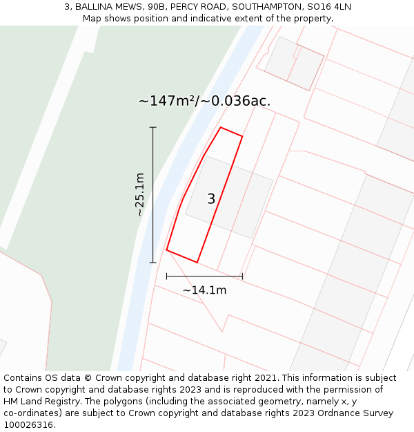 3, BALLINA MEWS, 90B, PERCY ROAD, SOUTHAMPTON, SO16 4LN: Plot and title map