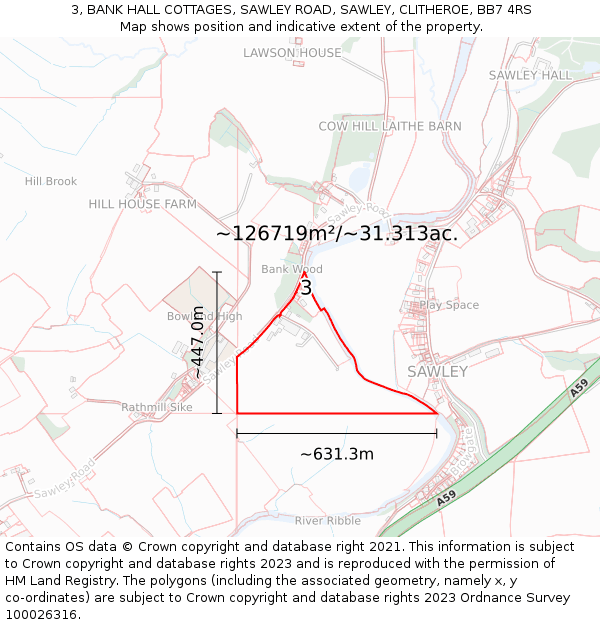 3, BANK HALL COTTAGES, SAWLEY ROAD, SAWLEY, CLITHEROE, BB7 4RS: Plot and title map