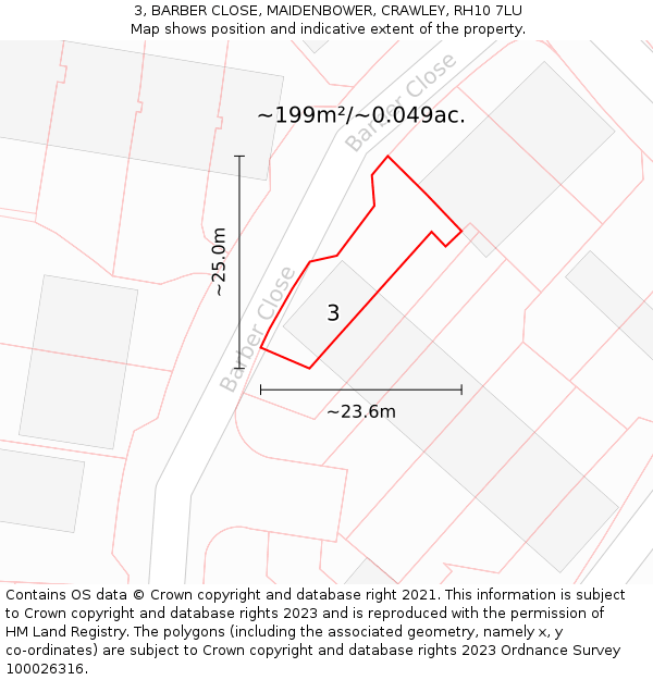 3, BARBER CLOSE, MAIDENBOWER, CRAWLEY, RH10 7LU: Plot and title map
