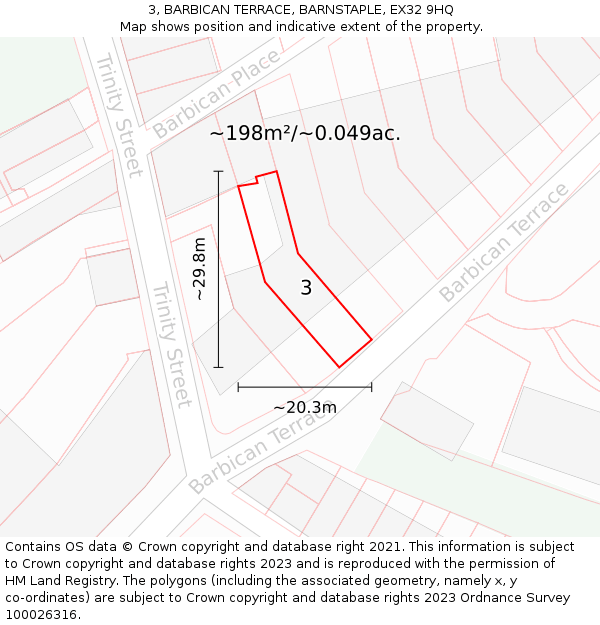 3, BARBICAN TERRACE, BARNSTAPLE, EX32 9HQ: Plot and title map