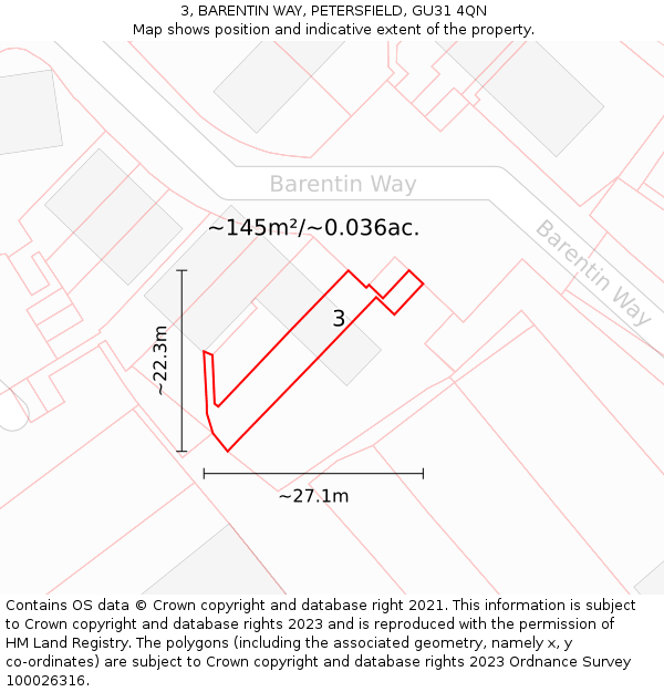 3, BARENTIN WAY, PETERSFIELD, GU31 4QN: Plot and title map
