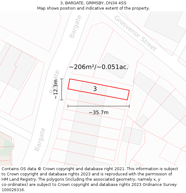 3, BARGATE, GRIMSBY, DN34 4SS: Plot and title map