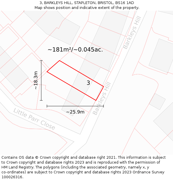 3, BARKLEYS HILL, STAPLETON, BRISTOL, BS16 1AD: Plot and title map