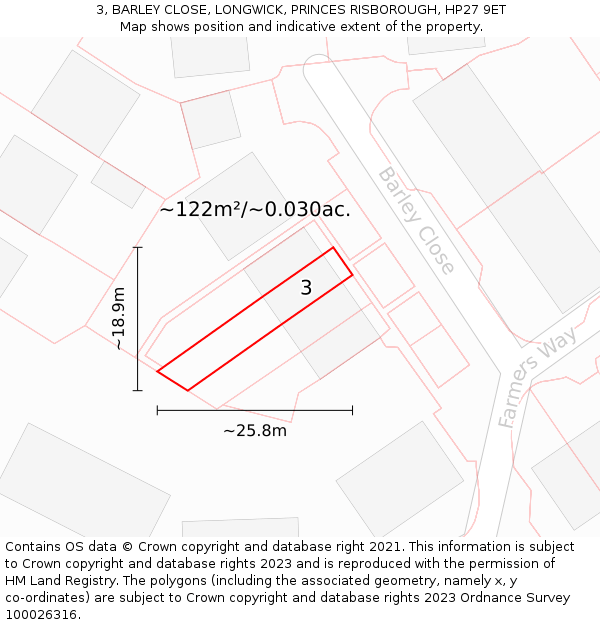 3, BARLEY CLOSE, LONGWICK, PRINCES RISBOROUGH, HP27 9ET: Plot and title map