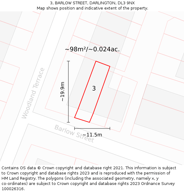 3, BARLOW STREET, DARLINGTON, DL3 9NX: Plot and title map
