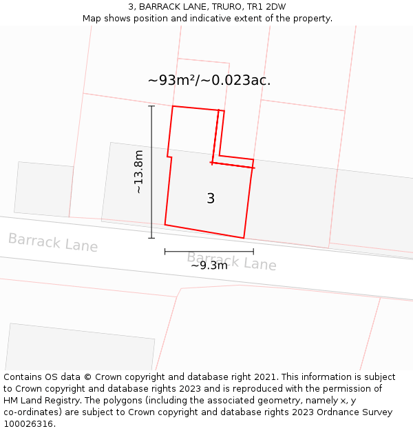 3, BARRACK LANE, TRURO, TR1 2DW: Plot and title map