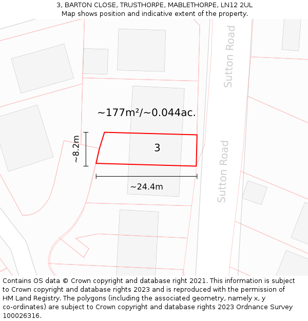 3, BARTON CLOSE, TRUSTHORPE, MABLETHORPE, LN12 2UL: Plot and title map
