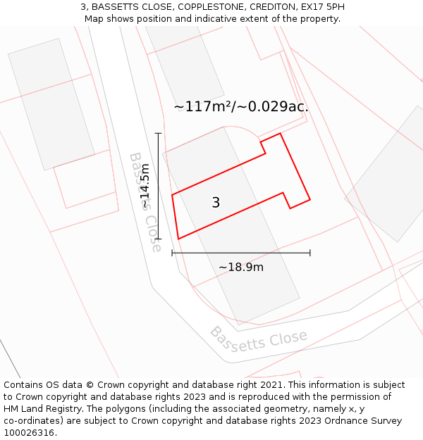 3, BASSETTS CLOSE, COPPLESTONE, CREDITON, EX17 5PH: Plot and title map