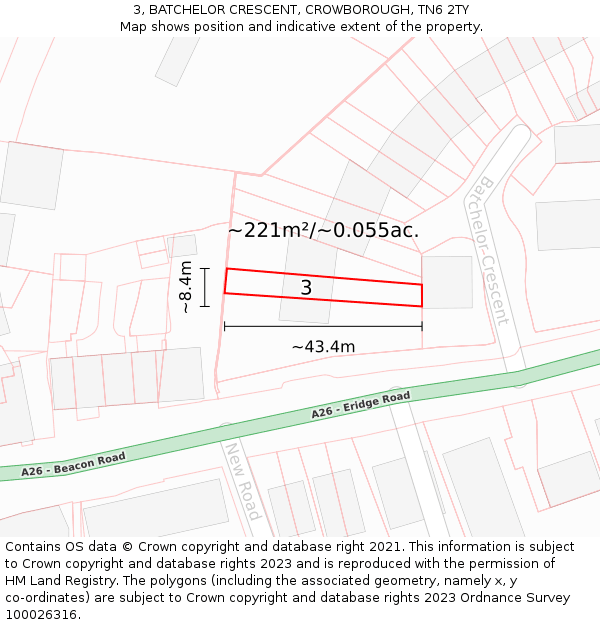 3, BATCHELOR CRESCENT, CROWBOROUGH, TN6 2TY: Plot and title map
