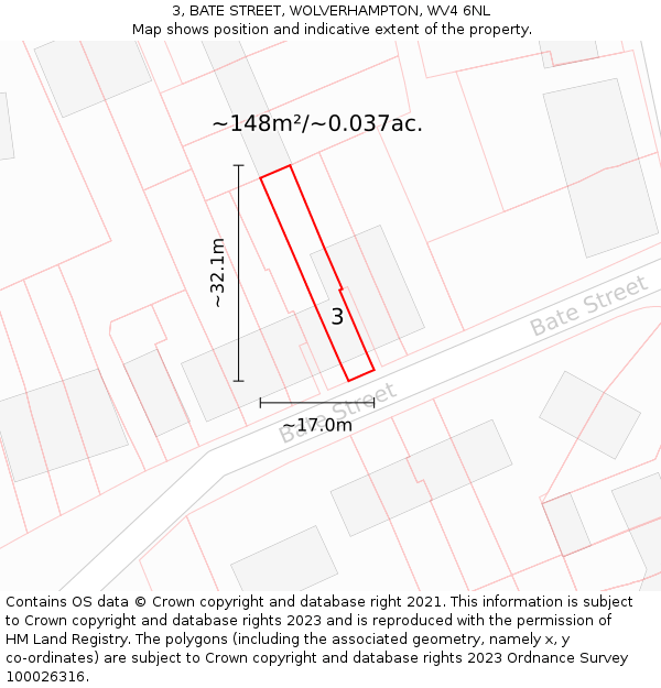 3, BATE STREET, WOLVERHAMPTON, WV4 6NL: Plot and title map