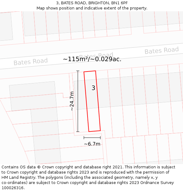 3, BATES ROAD, BRIGHTON, BN1 6PF: Plot and title map