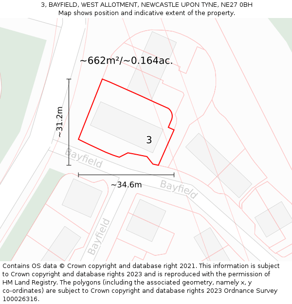 3, BAYFIELD, WEST ALLOTMENT, NEWCASTLE UPON TYNE, NE27 0BH: Plot and title map