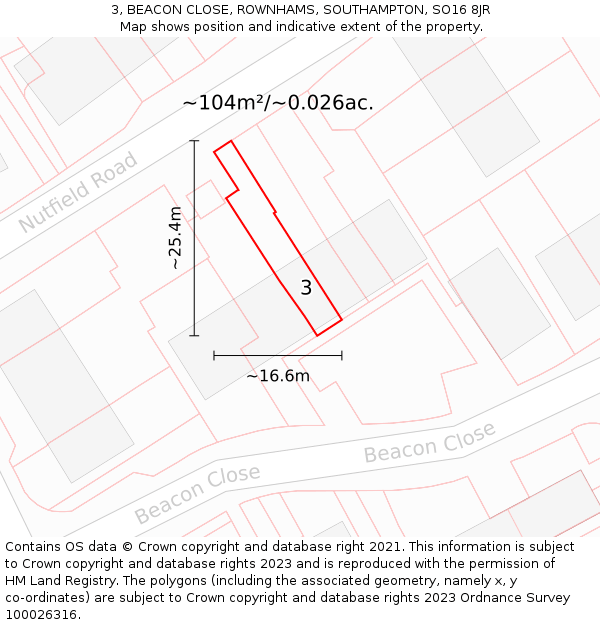 3, BEACON CLOSE, ROWNHAMS, SOUTHAMPTON, SO16 8JR: Plot and title map