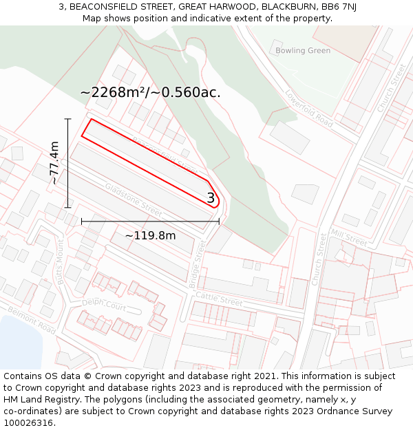 3, BEACONSFIELD STREET, GREAT HARWOOD, BLACKBURN, BB6 7NJ: Plot and title map