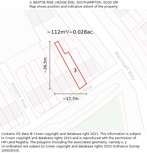 3, BEATTIE RISE, HEDGE END, SOUTHAMPTON, SO30 2RF: Plot and title map
