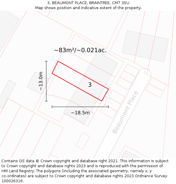 3, BEAUMONT PLACE, BRAINTREE, CM7 3SU: Plot and title map