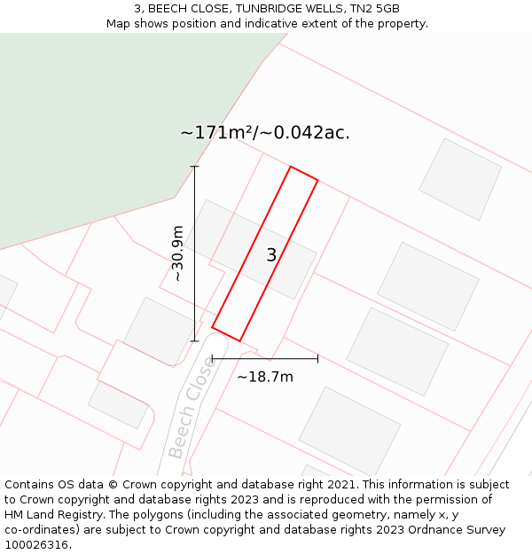 3, BEECH CLOSE, TUNBRIDGE WELLS, TN2 5GB: Plot and title map