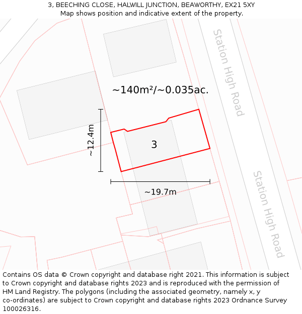 3, BEECHING CLOSE, HALWILL JUNCTION, BEAWORTHY, EX21 5XY: Plot and title map