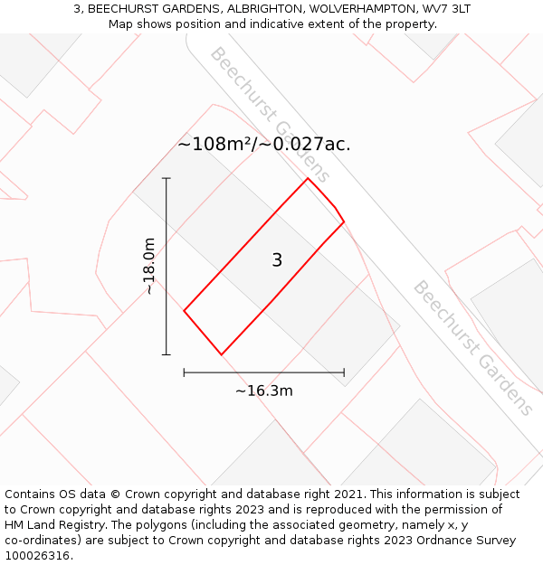 3, BEECHURST GARDENS, ALBRIGHTON, WOLVERHAMPTON, WV7 3LT: Plot and title map