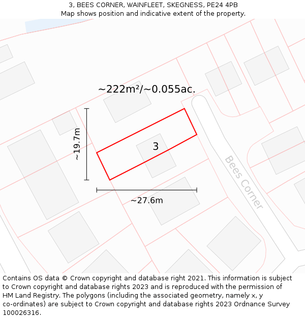 3, BEES CORNER, WAINFLEET, SKEGNESS, PE24 4PB: Plot and title map