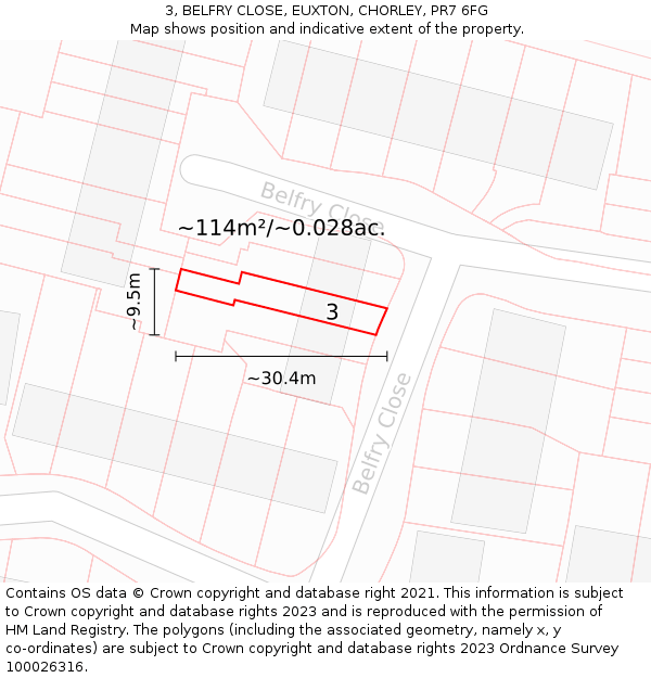 3, BELFRY CLOSE, EUXTON, CHORLEY, PR7 6FG: Plot and title map