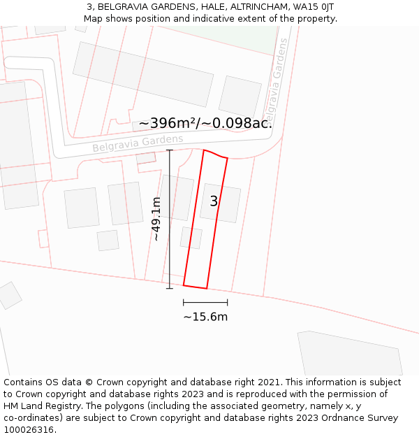 3, BELGRAVIA GARDENS, HALE, ALTRINCHAM, WA15 0JT: Plot and title map