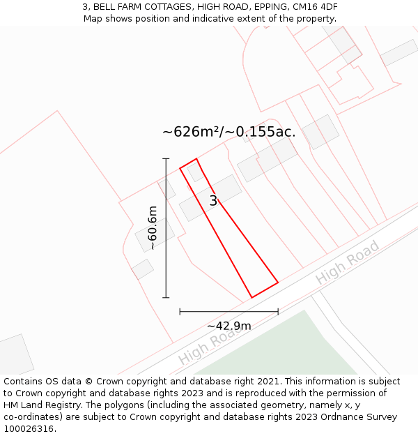 3, BELL FARM COTTAGES, HIGH ROAD, EPPING, CM16 4DF: Plot and title map