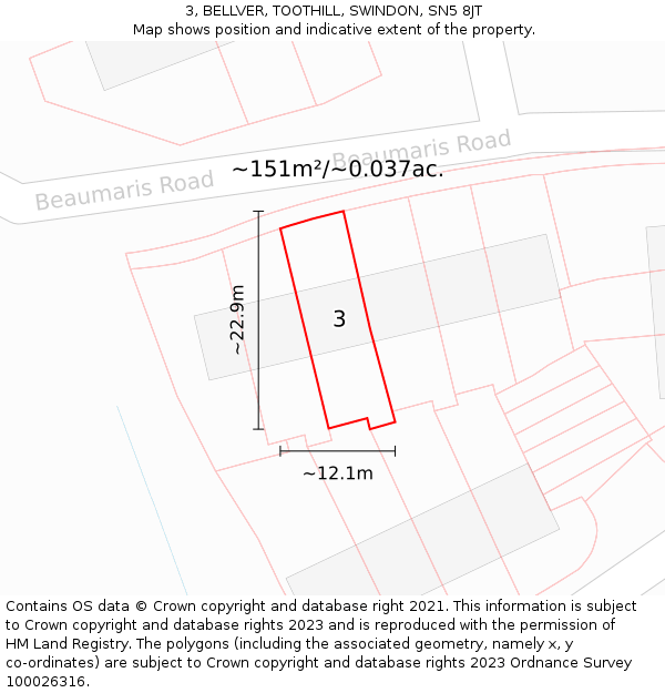 3, BELLVER, TOOTHILL, SWINDON, SN5 8JT: Plot and title map