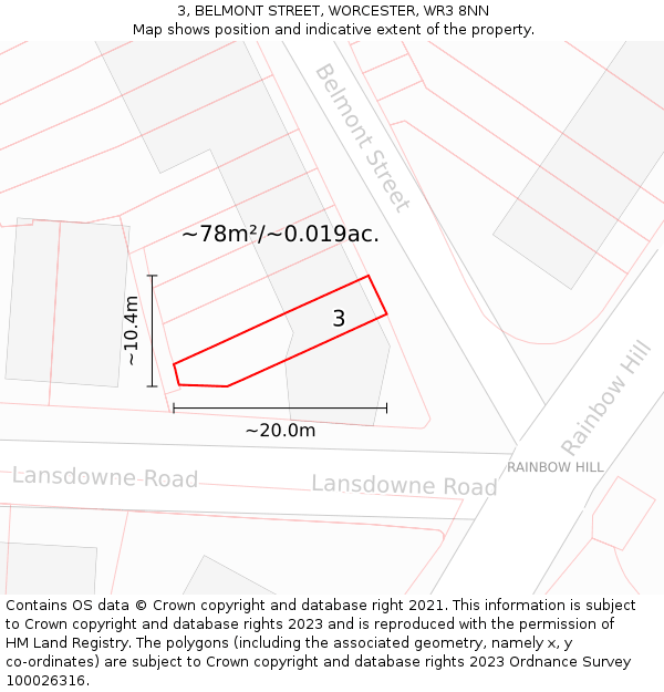 3, BELMONT STREET, WORCESTER, WR3 8NN: Plot and title map