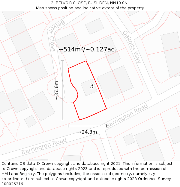 3, BELVOIR CLOSE, RUSHDEN, NN10 0NL: Plot and title map