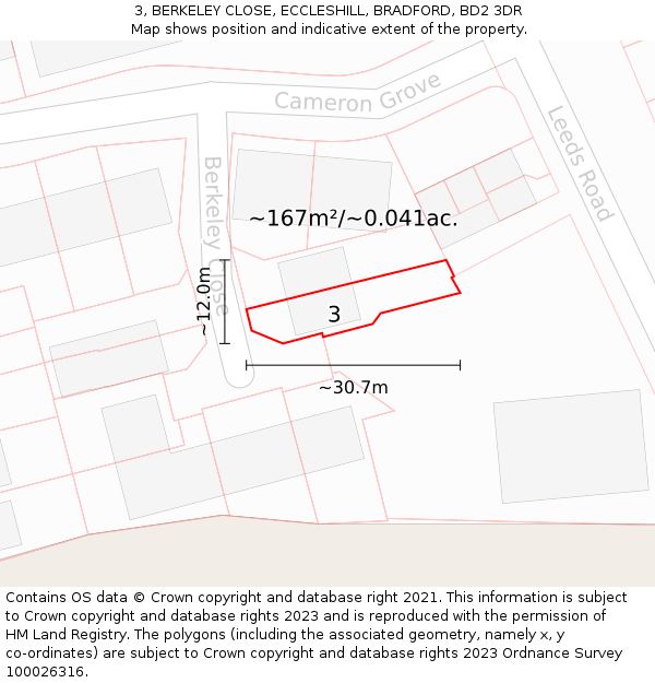 3, BERKELEY CLOSE, ECCLESHILL, BRADFORD, BD2 3DR: Plot and title map