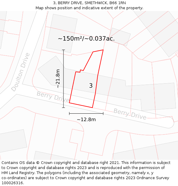3, BERRY DRIVE, SMETHWICK, B66 1RN: Plot and title map