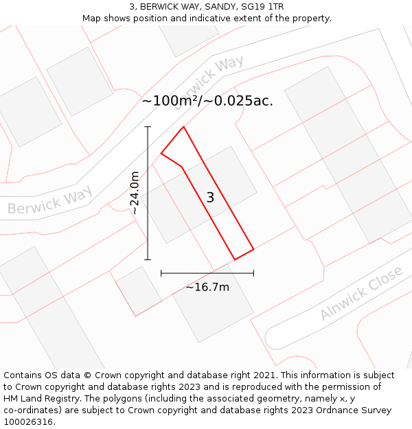 3, BERWICK WAY, SANDY, SG19 1TR: Plot and title map
