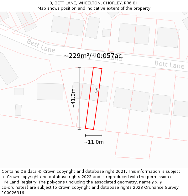 3, BETT LANE, WHEELTON, CHORLEY, PR6 8JH: Plot and title map