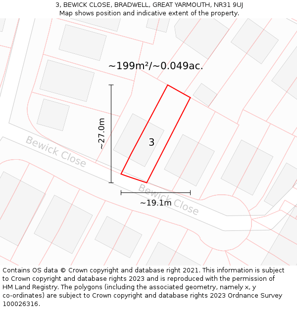 3, BEWICK CLOSE, BRADWELL, GREAT YARMOUTH, NR31 9UJ: Plot and title map