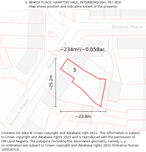 3, BEWICK PLACE, HAMPTON VALE, PETERBOROUGH, PE7 8EW: Plot and title map
