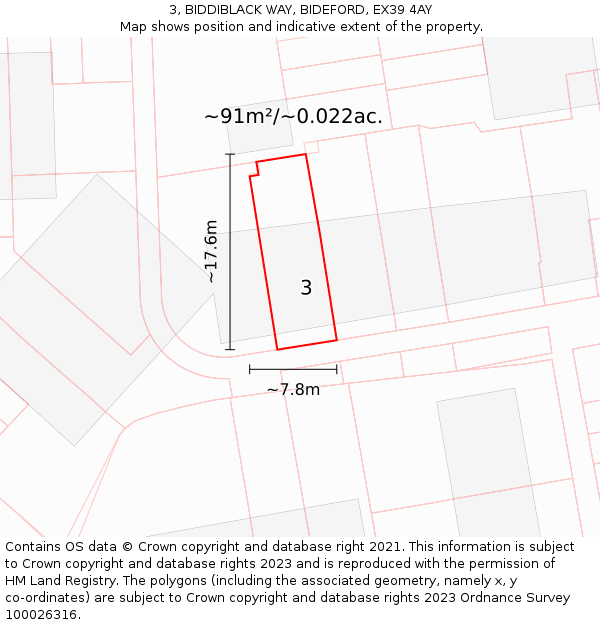 3, BIDDIBLACK WAY, BIDEFORD, EX39 4AY: Plot and title map