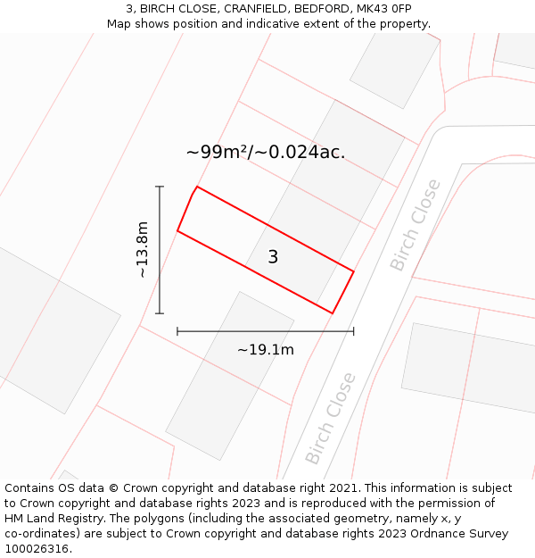 3, BIRCH CLOSE, CRANFIELD, BEDFORD, MK43 0FP: Plot and title map