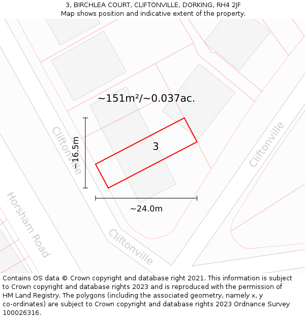 3, BIRCHLEA COURT, CLIFTONVILLE, DORKING, RH4 2JF: Plot and title map